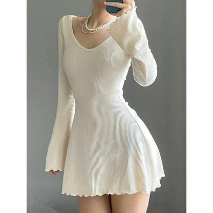 Women's Knitted V-Neck Office Dress with Irregular Hem white s by HitMyNeed
