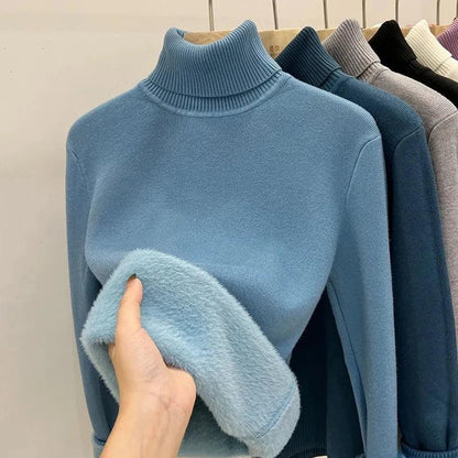 Women's Lined Velvet Turtleneck Slim Knit Sweater by HitMyNeed