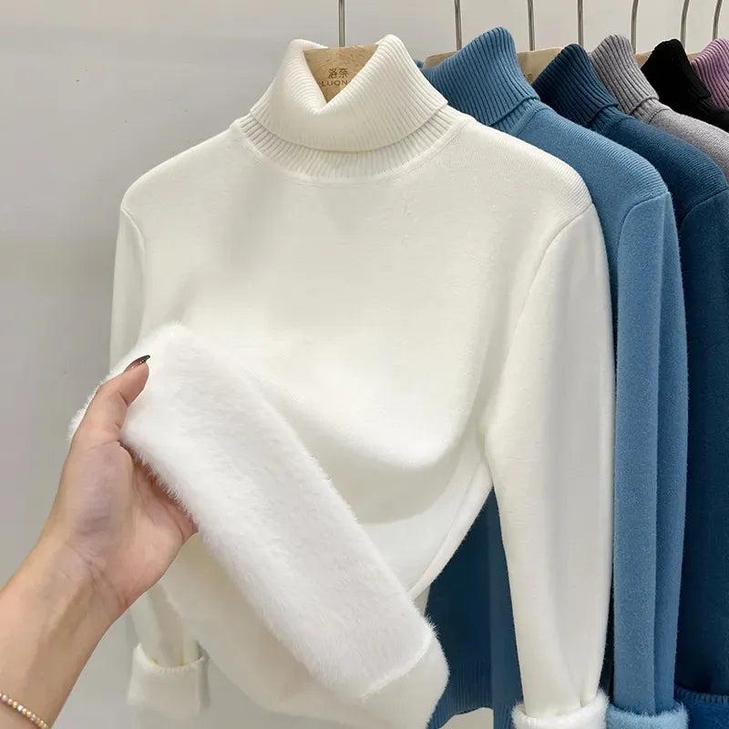 Women's Lined Velvet Turtleneck Slim Knit Sweater by HitMyNeed