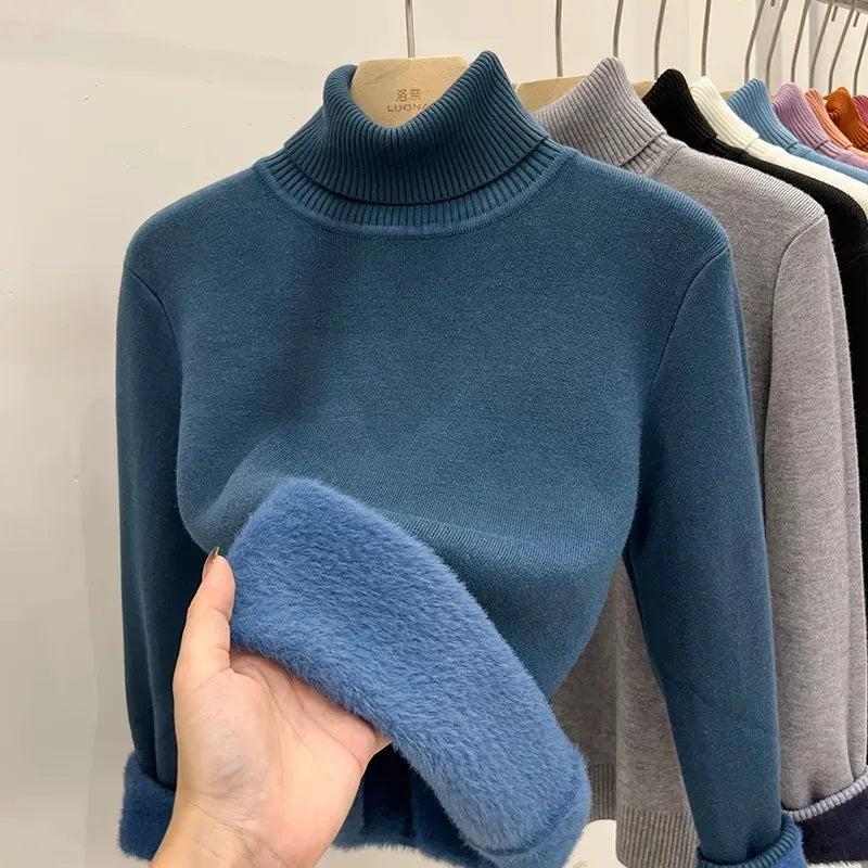 Women's Lined Velvet Turtleneck Slim Knit Sweater by HitMyNeed