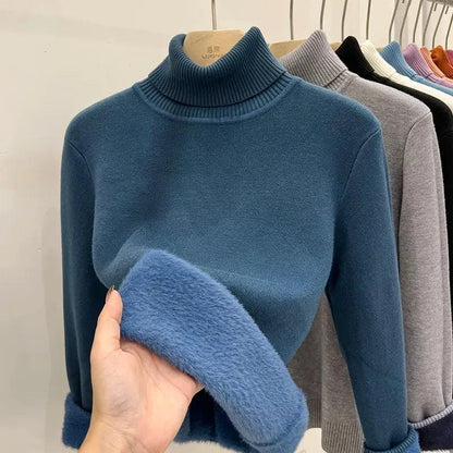 Women's Lined Velvet Turtleneck Slim Knit Sweater by HitMyNeed