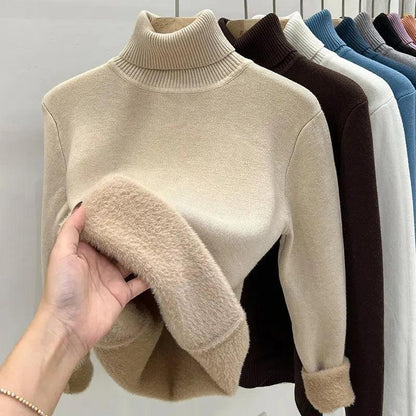 Women's Lined Velvet Turtleneck Slim Knit Sweater by HitMyNeed