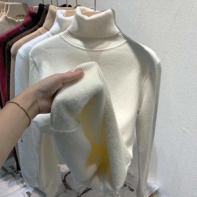 Women's Lined Velvet Turtleneck Slim Knit Sweater apricot l by HitMyNeed