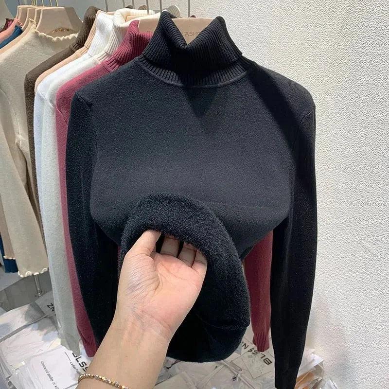 Women's Lined Velvet Turtleneck Slim Knit Sweater black l by HitMyNeed