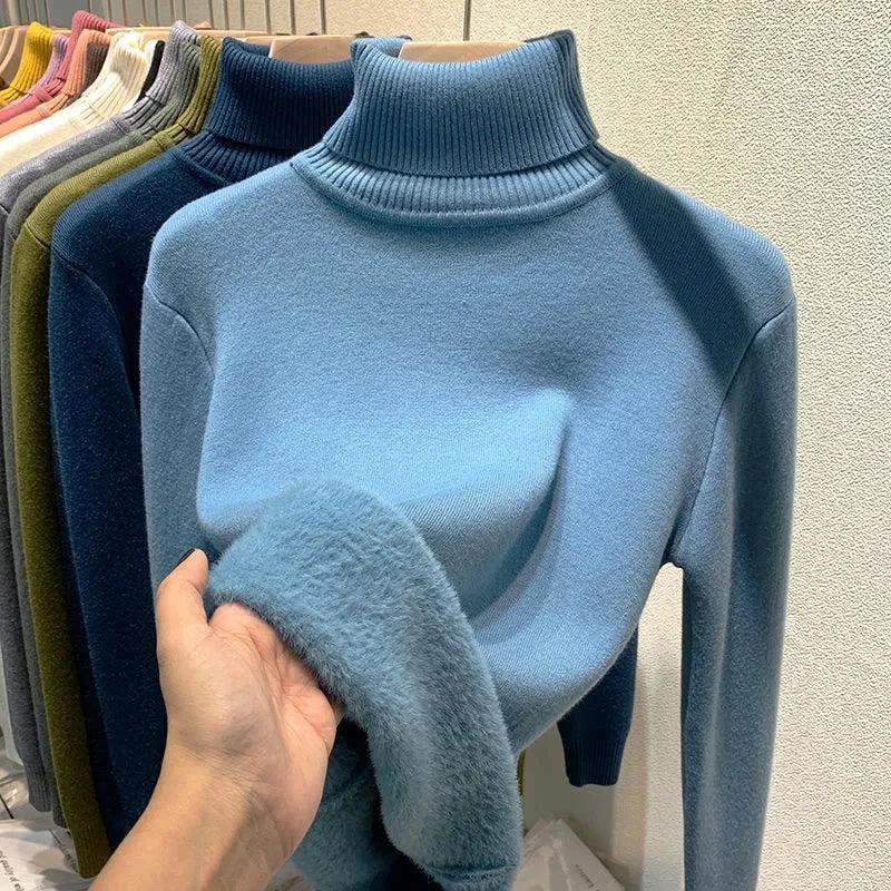 Women's Lined Velvet Turtleneck Slim Knit Sweater blue l by HitMyNeed