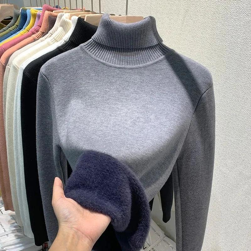 Women's Lined Velvet Turtleneck Slim Knit Sweater grey l by HitMyNeed