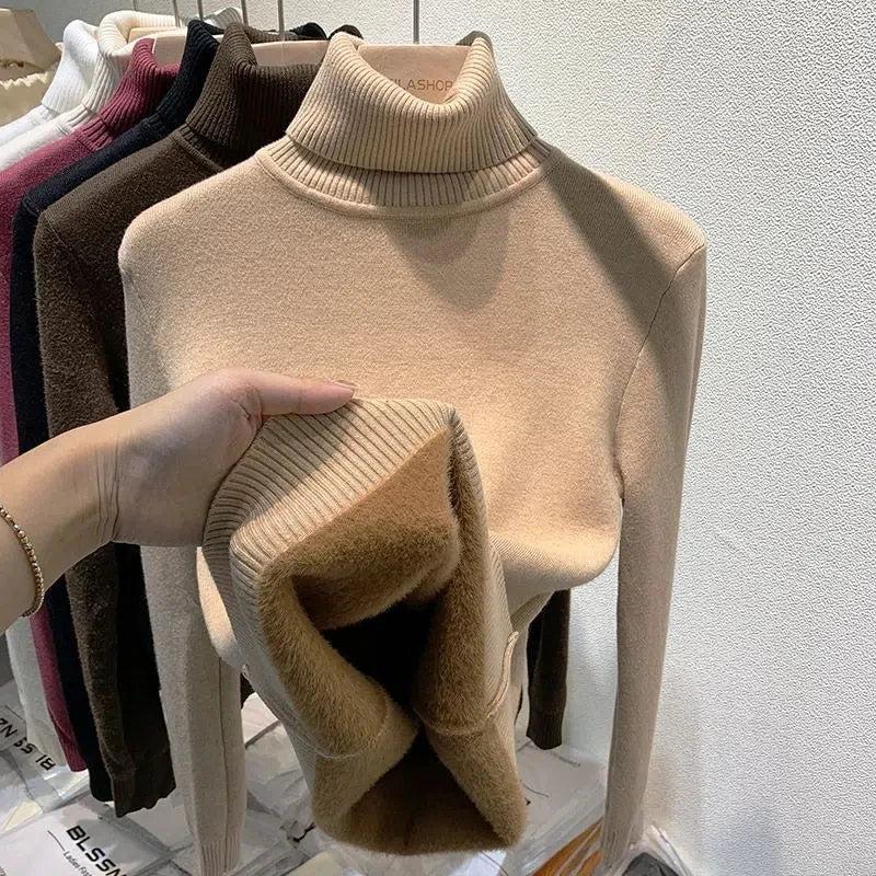 Women's Lined Velvet Turtleneck Slim Knit Sweater oatmeal l by HitMyNeed