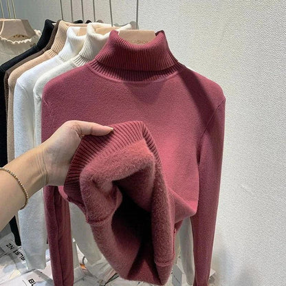 Women's Lined Velvet Turtleneck Slim Knit Sweater rose-red l by HitMyNeed
