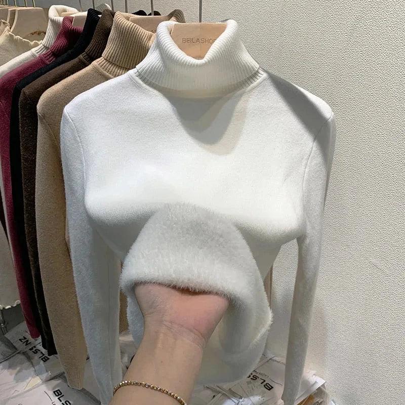 Women's Lined Velvet Turtleneck Slim Knit Sweater white l by HitMyNeed