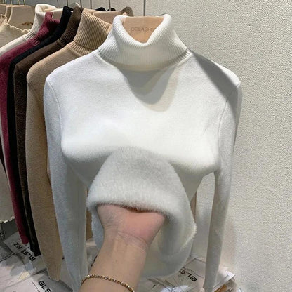 Women's Lined Velvet Turtleneck Slim Knit Sweater white l by HitMyNeed