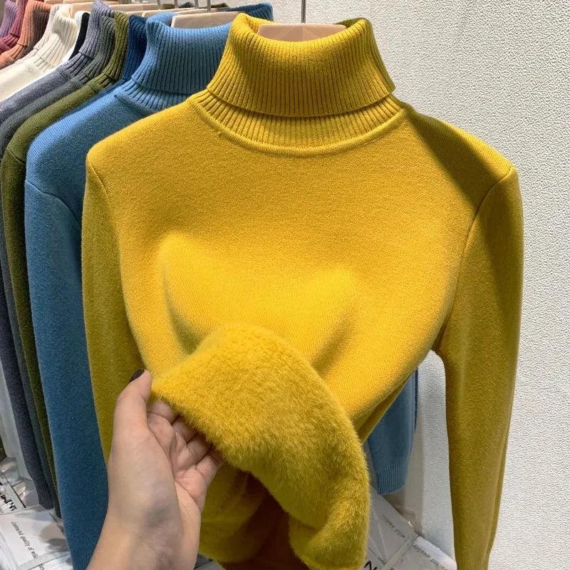 Women's Lined Velvet Turtleneck Slim Knit Sweater yellow l by HitMyNeed