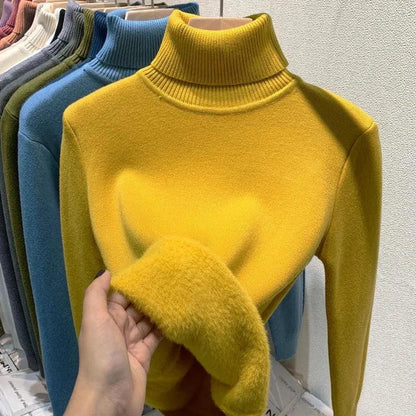 Women's Lined Velvet Turtleneck Slim Knit Sweater yellow l by HitMyNeed