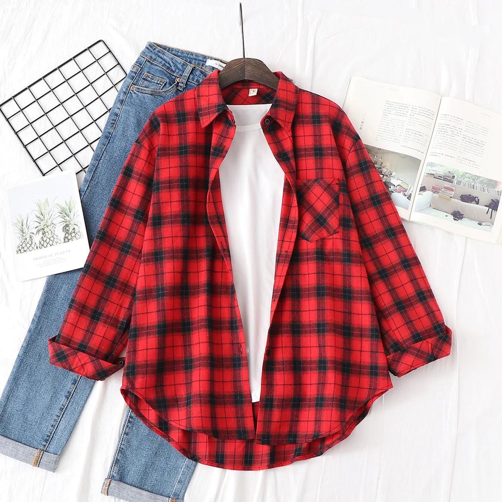 Women's Long Sleeve Plaid Shirt Button Down 21813.0 s by HitMyNeed