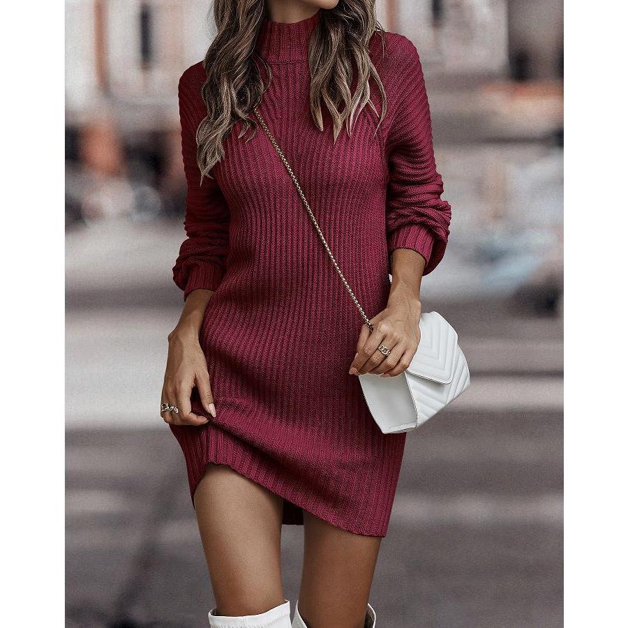 Women's Long Sleeve Turtleneck Midi Dress wine-red s by HitMyNeed