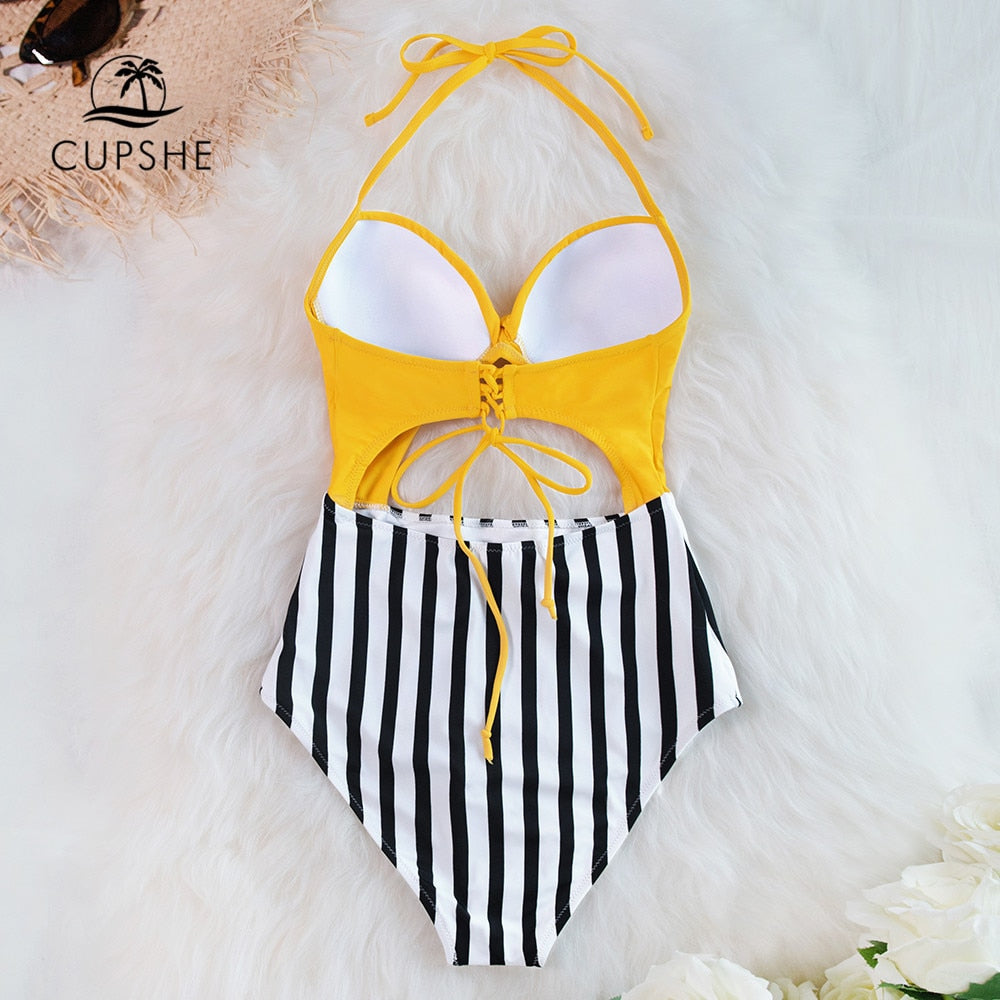 Women's One-Piece Swimsuit Yellow Stripe Design m by HitMyNeed