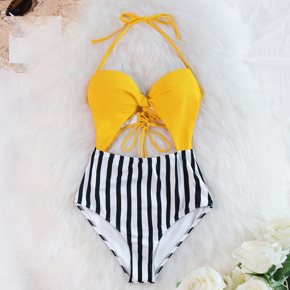 Women's One-Piece Swimsuit Yellow Stripe Design s by HitMyNeed