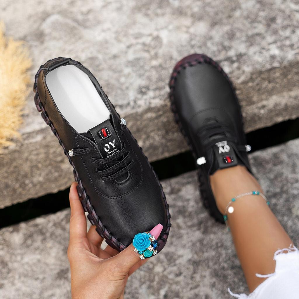 Women's PU Leather Vulcanized Flat Casual Shoes black 36 by HitMyNeed