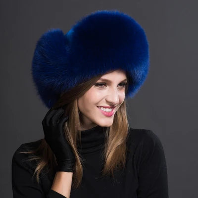 Women's Raccoon Fur Ushanka with Fox Fur Pom Pom blue by HitMyNeed