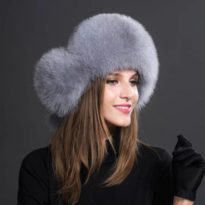 Women's Raccoon Fur Ushanka with Fox Fur Pom Pom light-grey by HitMyNeed