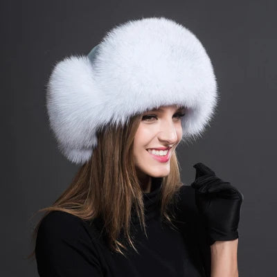 Women's Raccoon Fur Ushanka with Fox Fur Pom Pom natural-fox-white by HitMyNeed