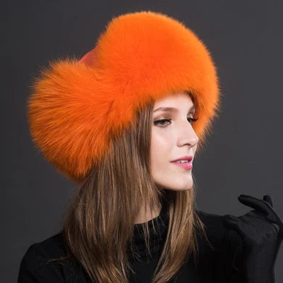 Women's Raccoon Fur Ushanka with Fox Fur Pom Pom orange by HitMyNeed