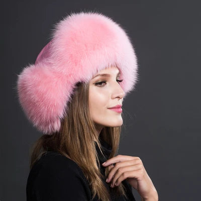 Women's Raccoon Fur Ushanka with Fox Fur Pom Pom pink by HitMyNeed