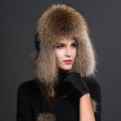 Women's Raccoon Fur Ushanka with Fox Fur Pom Pom raccoon-fur by HitMyNeed