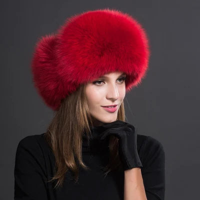 Women's Raccoon Fur Ushanka with Fox Fur Pom Pom red by HitMyNeed