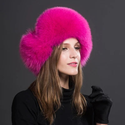 Women's Raccoon Fur Ushanka with Fox Fur Pom Pom rose-red by HitMyNeed