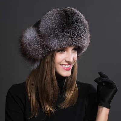 Women's Raccoon Fur Ushanka with Fox Fur Pom Pom silver-blue by HitMyNeed