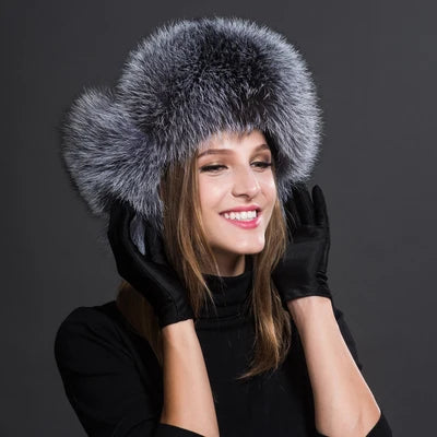 Women's Raccoon Fur Ushanka with Fox Fur Pom Pom silver-fox by HitMyNeed