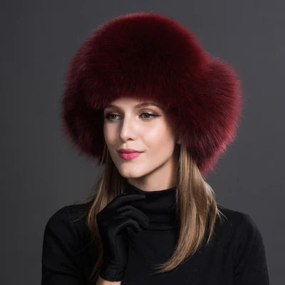 Women's Raccoon Fur Ushanka with Fox Fur Pom Pom wine-red by HitMyNeed