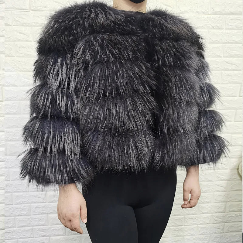 Women's Real Raccoon & Fox Fur Coat - Plus Size sleeve-50cm-3 8xl by HitMyNeed