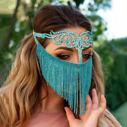 Women's Rhinestone Face Tassel Masquerade Mask type1 silver by HitMyNeed