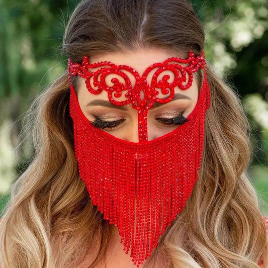 Women's Rhinestone Face Tassel Masquerade Mask type2 silver by HitMyNeed
