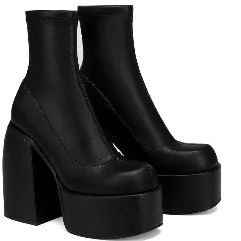 Women's Round Toe Denim Platform Chunky Heel Boots by HitMyNeed