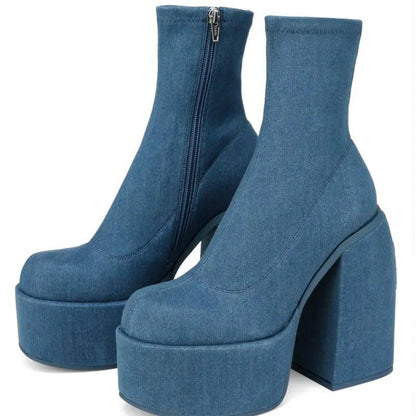 Women's Round Toe Denim Platform Chunky Heel Boots by HitMyNeed
