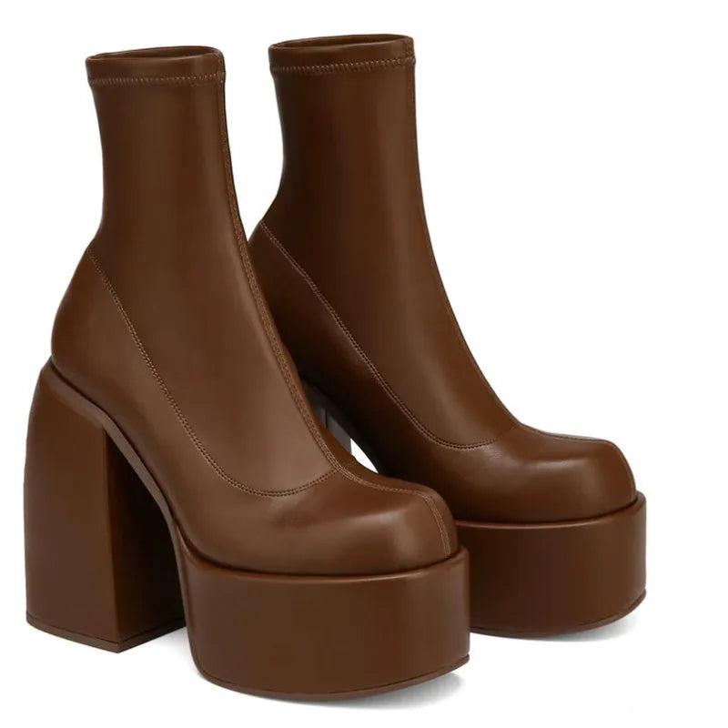 Women's Round Toe Denim Platform Chunky Heel Boots by HitMyNeed