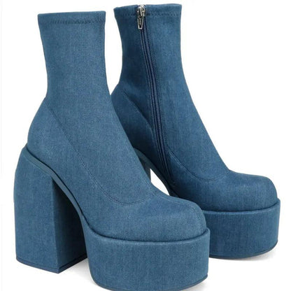 Women's Round Toe Denim Platform Chunky Heel Boots by HitMyNeed