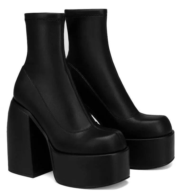 Women's Round Toe Denim Platform Chunky Heel Boots black 40 by HitMyNeed