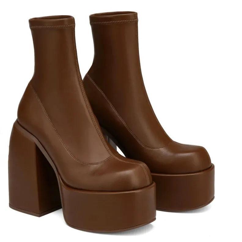 Women's Round Toe Denim Platform Chunky Heel Boots brown 40 by HitMyNeed