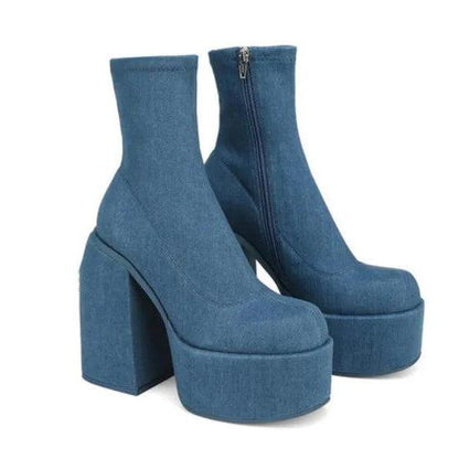 Women's Round Toe Denim Platform Chunky Heel Boots denim-blue 36 by HitMyNeed