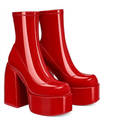 Women's Round Toe Denim Platform Chunky Heel Boots red 40 by HitMyNeed