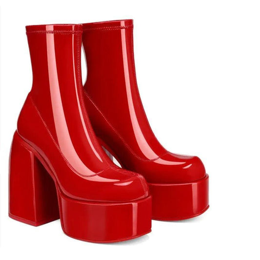 Women's Round Toe Denim Platform Chunky Heel Boots red 40 by HitMyNeed