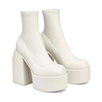 Women's Round Toe Denim Platform Chunky Heel Boots white 36 by HitMyNeed