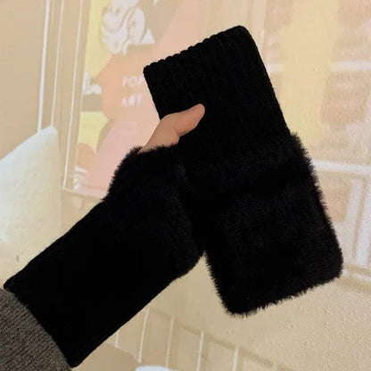 Women's Soft Fleece Knit Fingerless Winter Gloves black by HitMyNeed