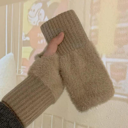 Women's Soft Fleece Knit Fingerless Winter Gloves khaki by HitMyNeed