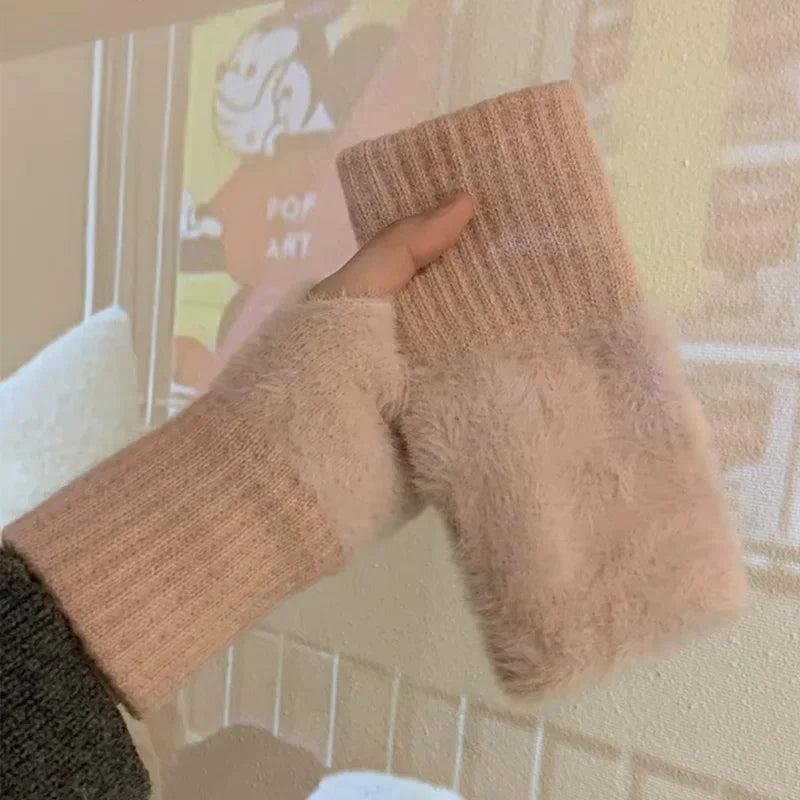 Women's Soft Fleece Knit Fingerless Winter Gloves pink by HitMyNeed