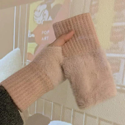 Women's Soft Fleece Knit Fingerless Winter Gloves pink by HitMyNeed