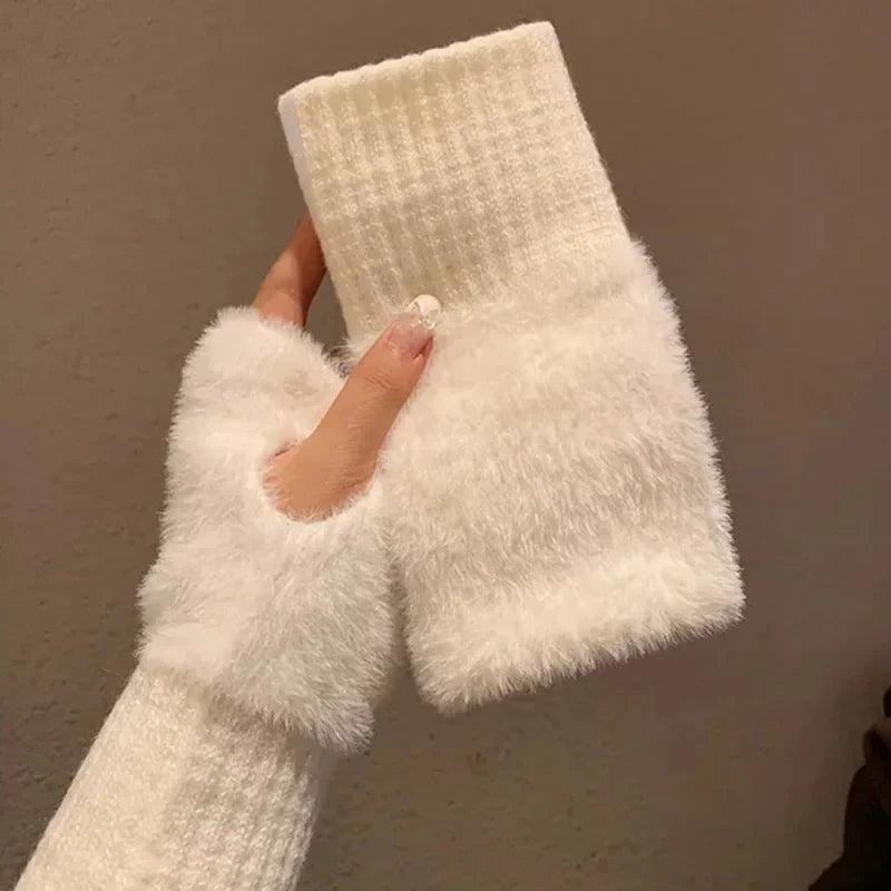 Women's Soft Fleece Knit Fingerless Winter Gloves white by HitMyNeed